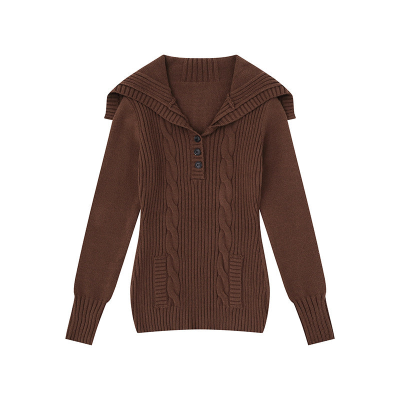 Women's knit sweater with cable pattern, shawl collar and button placket Amarae