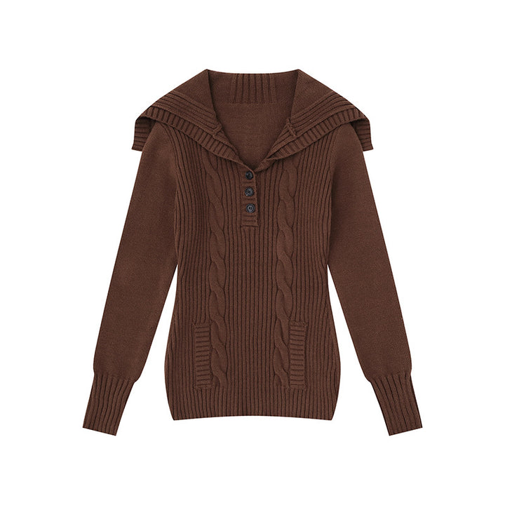 Women's knit sweater with cable pattern, shawl collar and button placket Amarae