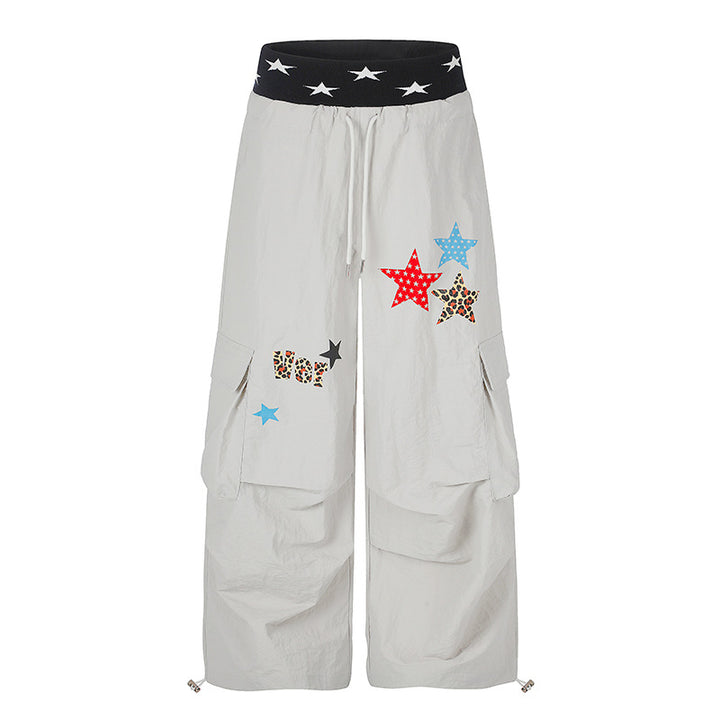 Women's Extra Wide Cargo Palazzo Pants with Star Jacquard Waistband, Drawstring and Playful Star Applications