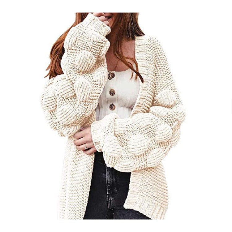 Women Chunky Knit Cardigan with Puffed Sleeves and Textured Design Lune London