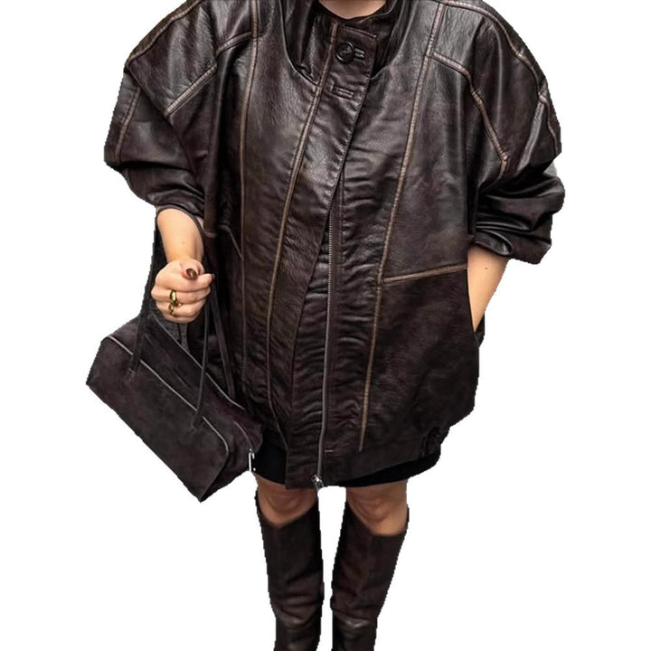Women Oversize Faux Leather Coat with Distinct Decorative Seams and Stand-Up Collar Amarae
