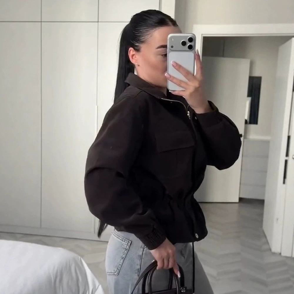 Women’s short jacket in utility style with waist drawstring and stand-up collar Amarae