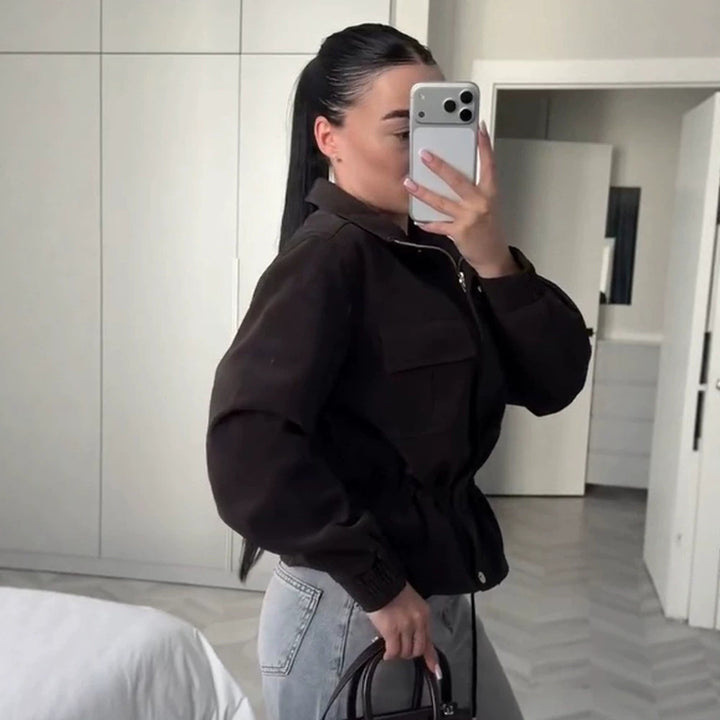 Women’s short jacket in utility style with waist drawstring and stand-up collar Amarae