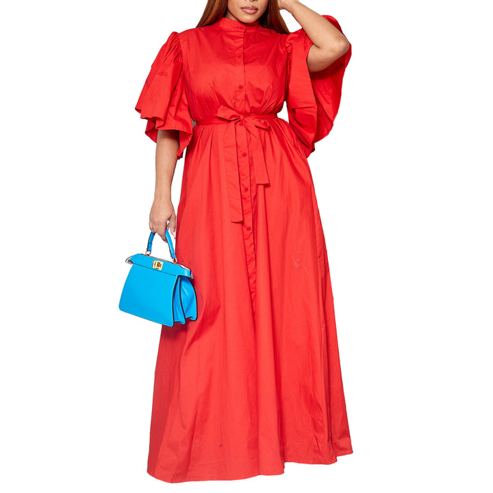 Maxi dress for women with elegant puff sleeves and a thin belt at the waist Lune London