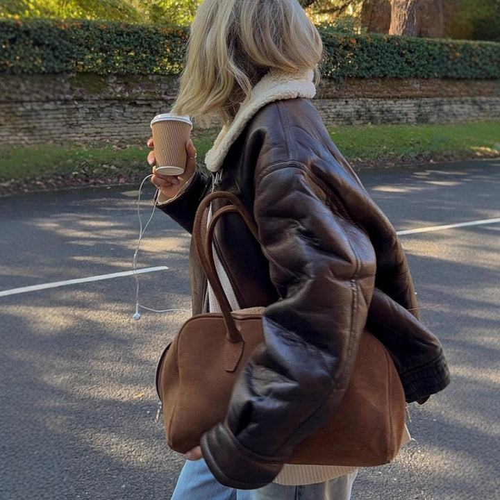 Women's Oversize Pilot Jacket made of Faux Leather with Teddy Lining and Wide Cut Amarae