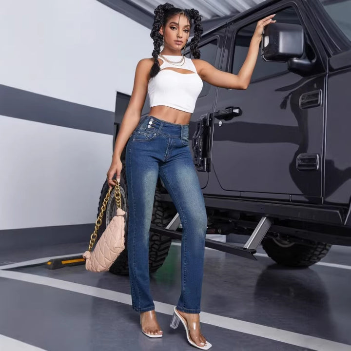 Women High-Waisted Sculpting Jeans with Triple Button Placket and Straight Leg Amarae