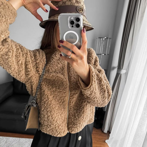 Women's teddy jacket with zipper and side pockets