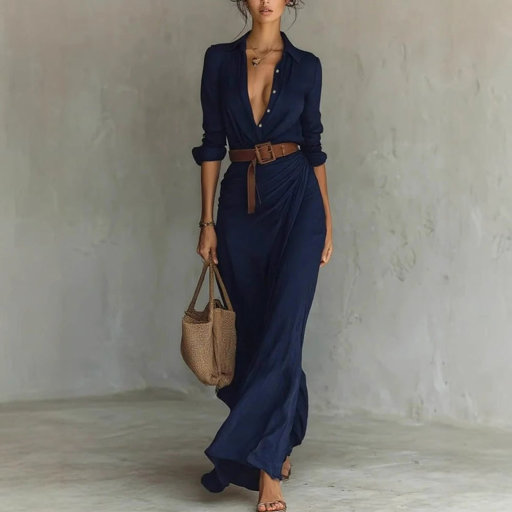 Robe maxi pour femme avec col de chemise classique et ceinture latérale Chic & Stil