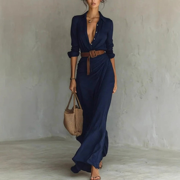 Robe maxi pour femme avec col de chemise classique et ceinture latérale Chic & Stil