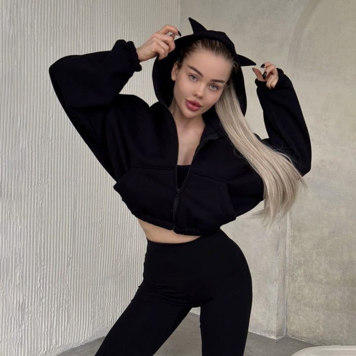 Cropped hooded jacket for women with a unique ears design Lune London