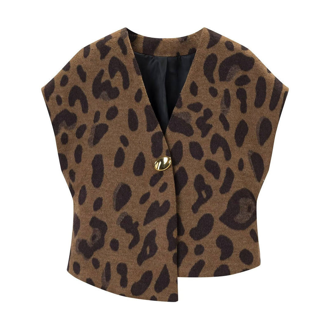 Ladies sleeveless wool blend vest in leopard print with V-neck and decorative button Amarae