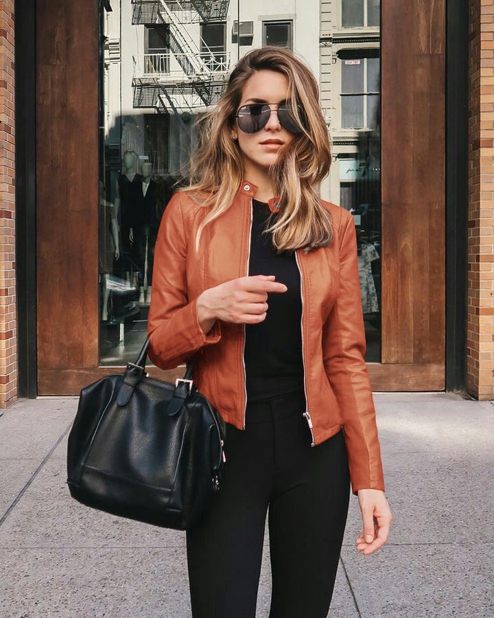 Ladies fitted faux leather biker jacket with stand-up collar and decorative seams Amarae