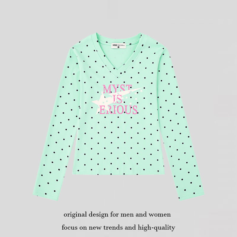 Women's long sleeve shirt made of cotton jersey with polka dot pattern and statement star print Amarae