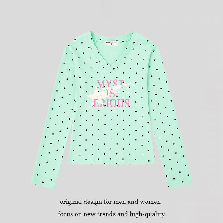 Women's long sleeve shirt made of cotton jersey with polka dot pattern and statement star print Amarae