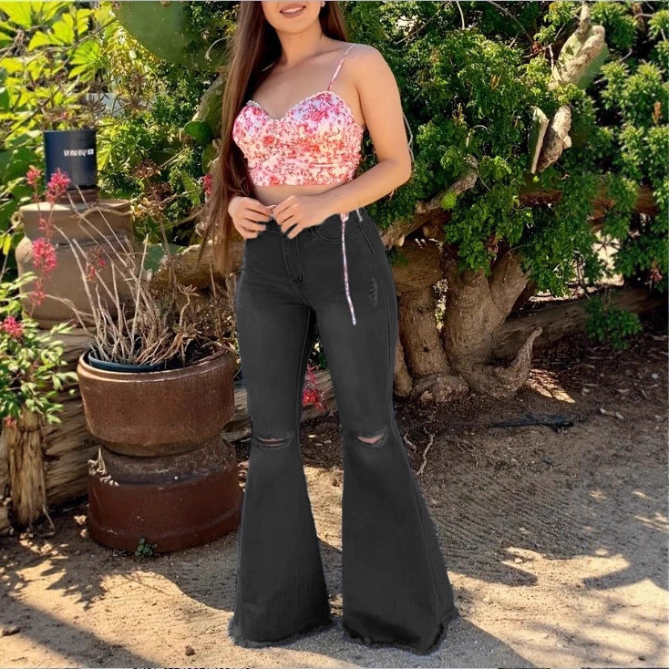 Women's High-Waisted Flared Jeans with Flared Leg, Knee Rips, and Figure-Enhancing Stretch Waistband Amarae