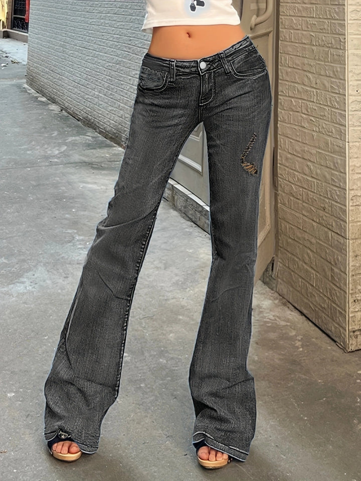Women's High-Waisted Flared Jeans with Bell Bottoms, Subtle Embroidery & Extended Hem Amarae