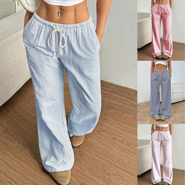 Ladies Wide Leisure Pants with Drawstring, Elastic Waistband and Fine Stripe Texture Amarae