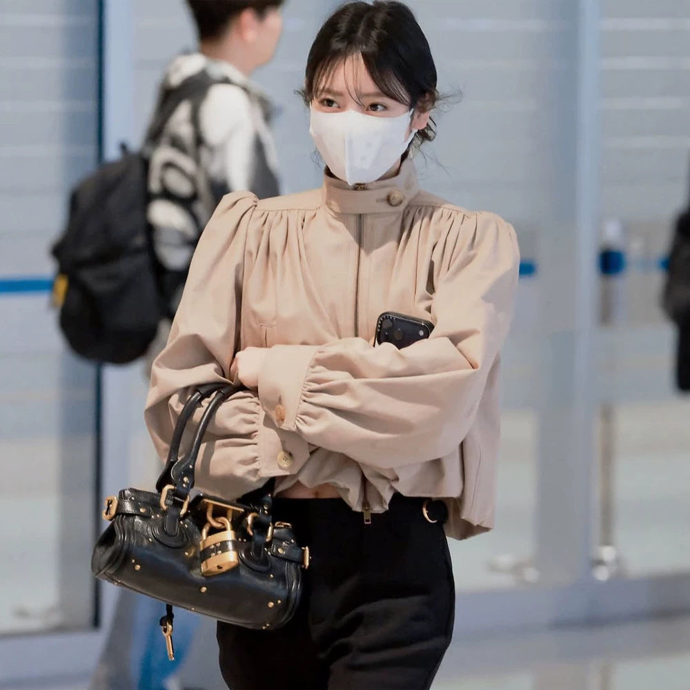 Women Lightweight Blouson Jacket with Balloon Sleeves and Stand-up Collar Amarae