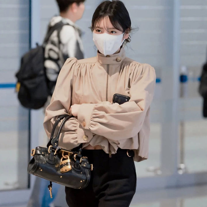 Women Lightweight Blouson Jacket with Balloon Sleeves and Stand-up Collar Amarae