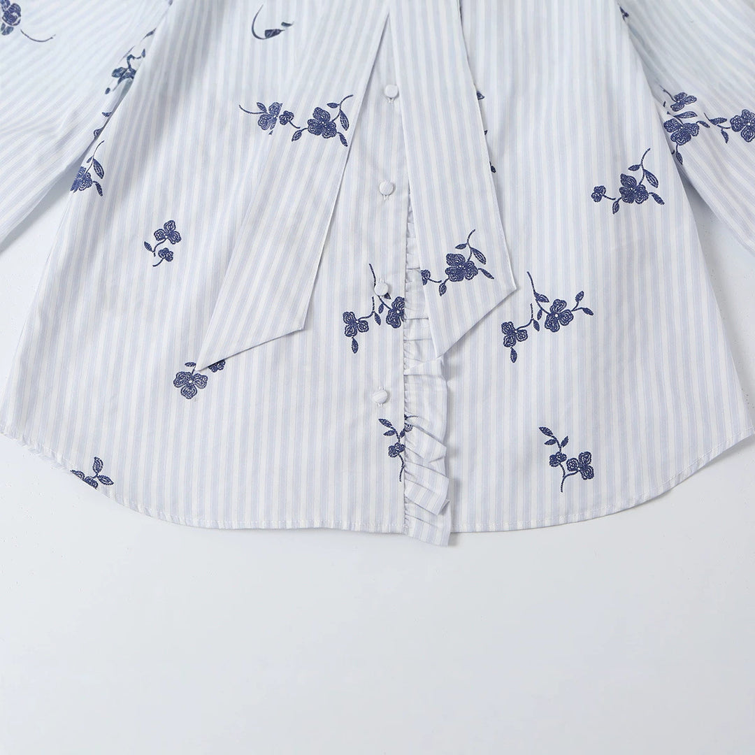 Women's sweater blouse with bow collar, ruffle yoke and floral embroidery Amarae