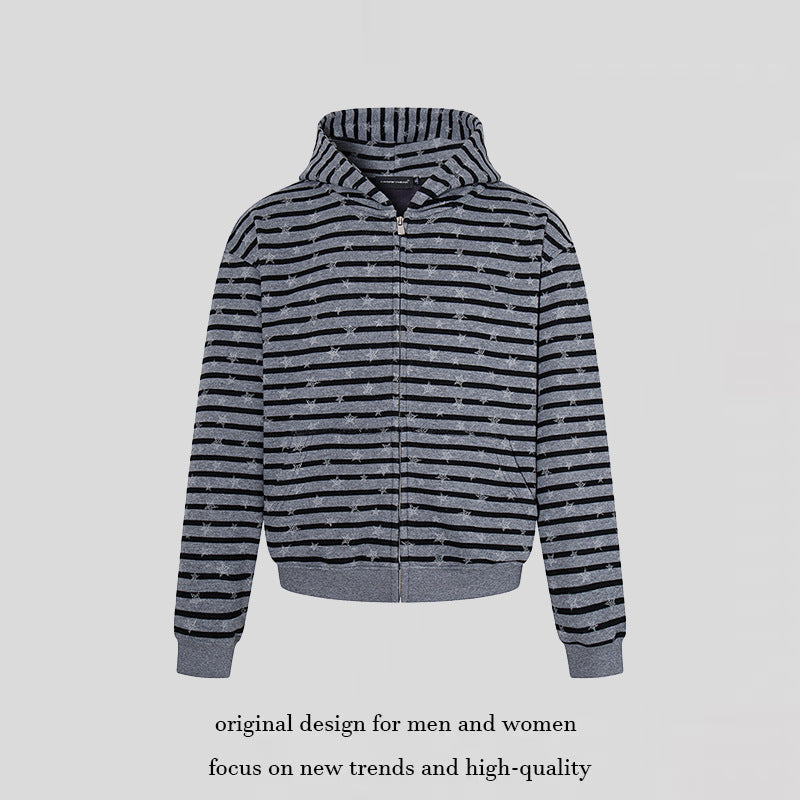 Women Casual Hooded Zip Jacket in Striped Jacquard with Star Structure Amarae