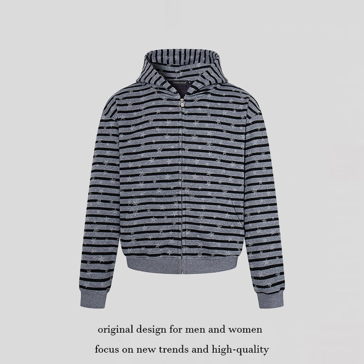 Women Casual Hooded Zip Jacket in Striped Jacquard with Star Structure Amarae