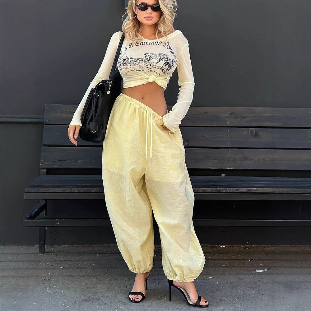 Women Lightweight Balloon Pants with Elastic Waistband, Drawstring & Ruched Ankle Cuff Amarae