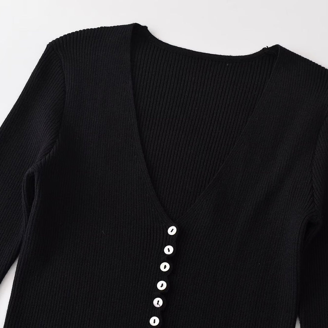 Women's Ribbed Button Cardigan with Deep V-Neck and Wavy Hem Amarae