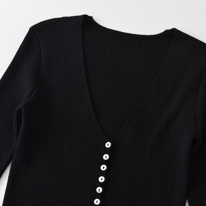 Women's Ribbed Button Cardigan with Deep V-Neck and Wavy Hem Amarae