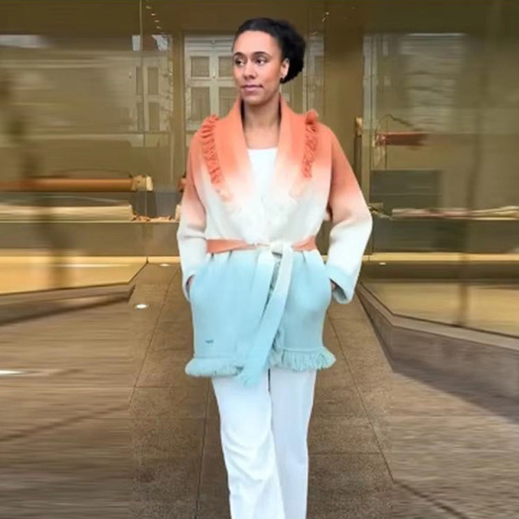Women's Gradient Knit Cardigan with Fringes and Shawl Collar Amarae