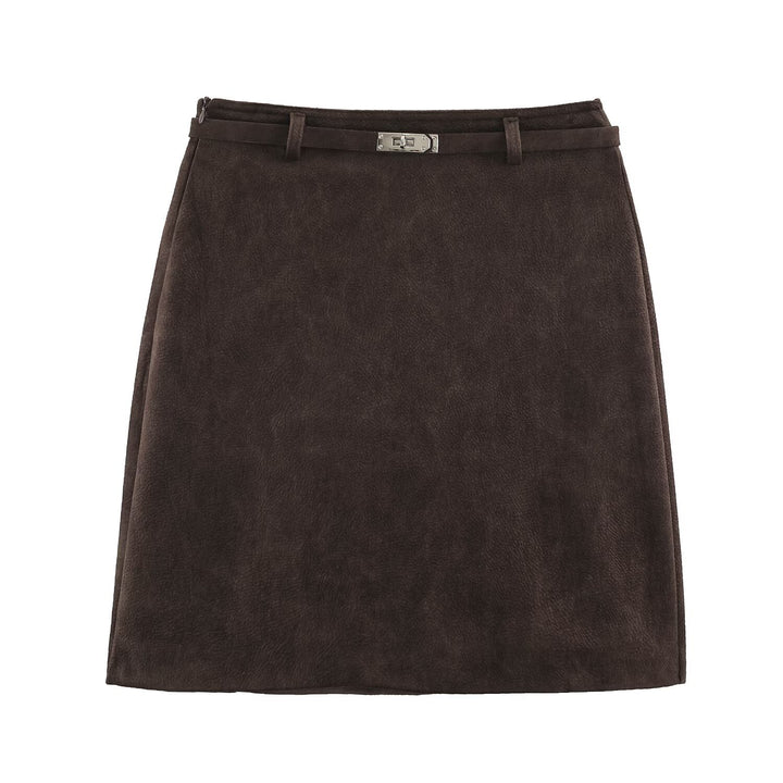 Women A-line mini skirt made of faux suede with narrow decorative belt Amarae