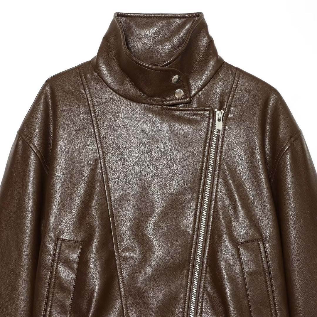Women tailored leather-look biker jacket with high funnel collar Amarae