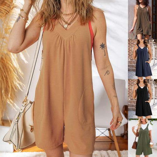 Ladies Solid Jumpsuit with Deep V Neckline and Practical Pockets Amarae