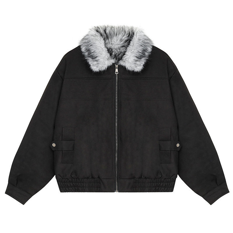 Women's Cropped Bomber Jacket with Faux Fur Collar, Zipper and Elastic Hem Amarae