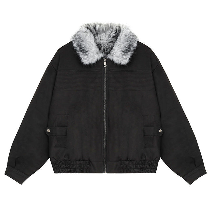 Women's Cropped Bomber Jacket with Faux Fur Collar, Zipper and Elastic Hem Amarae