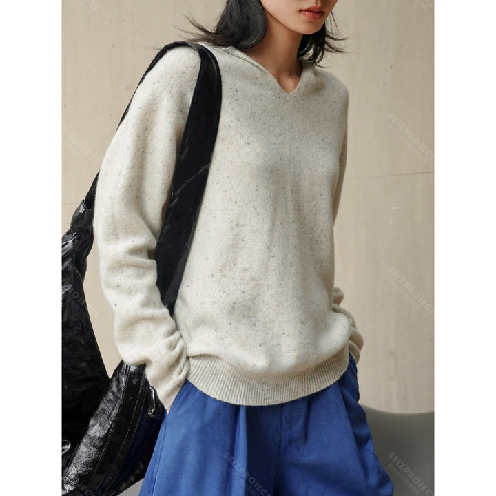 Women's Loose Fine Knit Sweater with Subtle V-Neck and Melange Texture Amarae