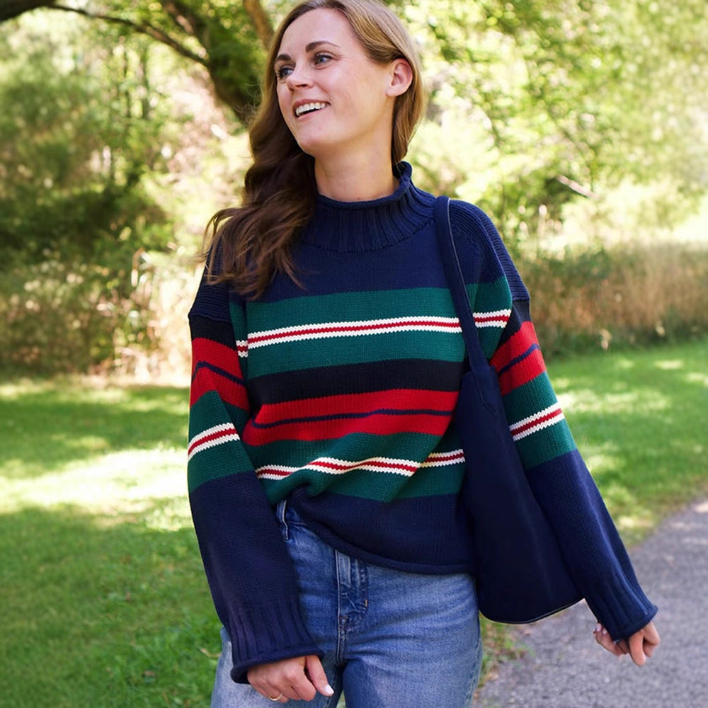 Women Striped Oversize Knit Sweater with Raglan Sleeves Amarae