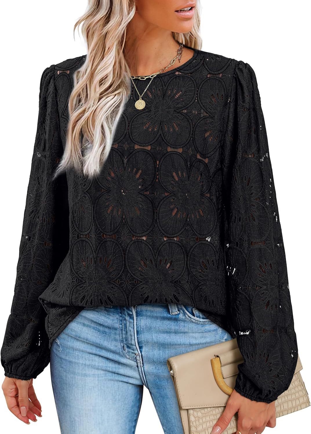 Ladies Elegant Blouse with Embossed Floral Pattern and Wide Sleeves Lune London