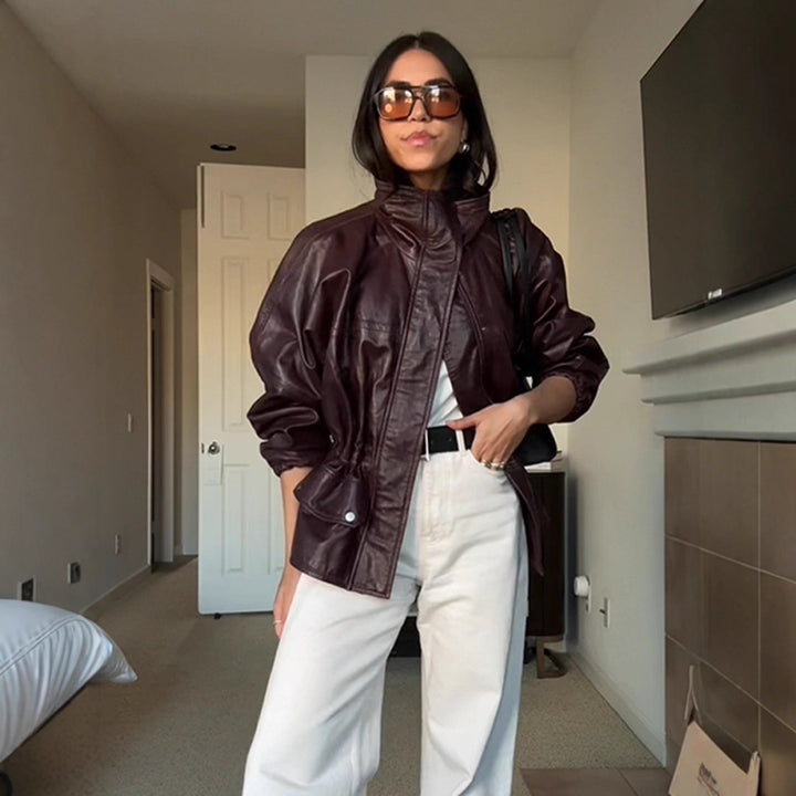 Women's Oversize Faux Leather Blouson with High Stand Collar and Waist Drawstring Amarae