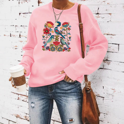 Sweatshirt pour femme avec motif floral d'oiseau et coupe décontractée Chic & Stil