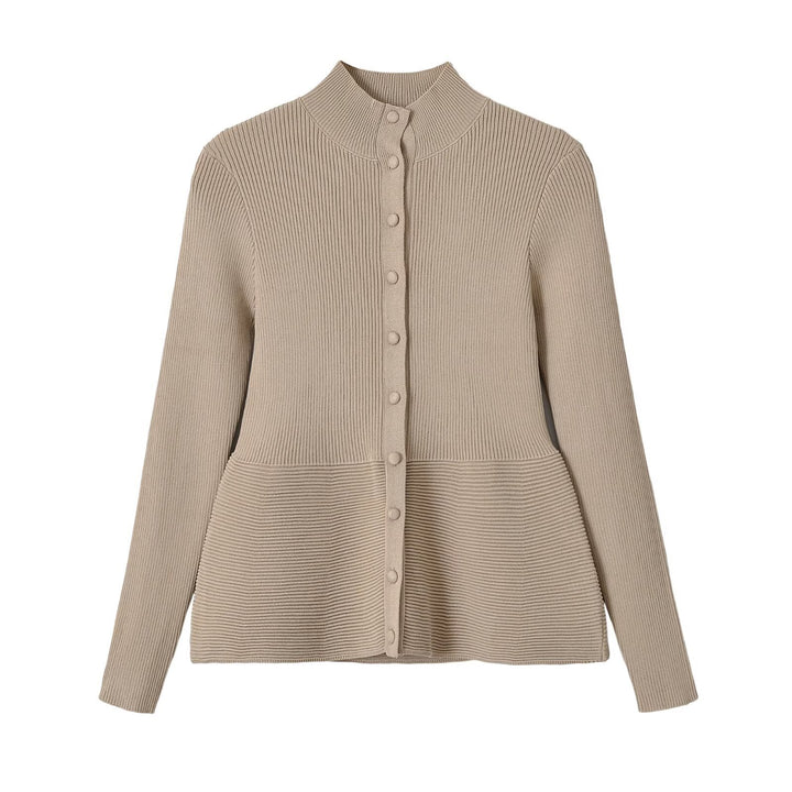 Women’s Structured Ribbed Knit Cardigan with Stand-Up Collar and Waist Seam Amarae