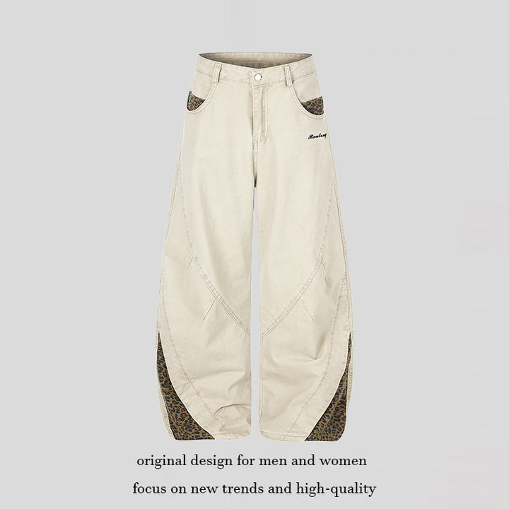 Women's Wide High-Waist Palazzo Jeans with Leopard Inserts and Side Pockets Amarae