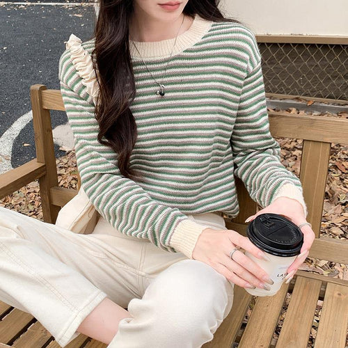 Ladies casual striped sweater with stylish ruffle trim Chic & Stil