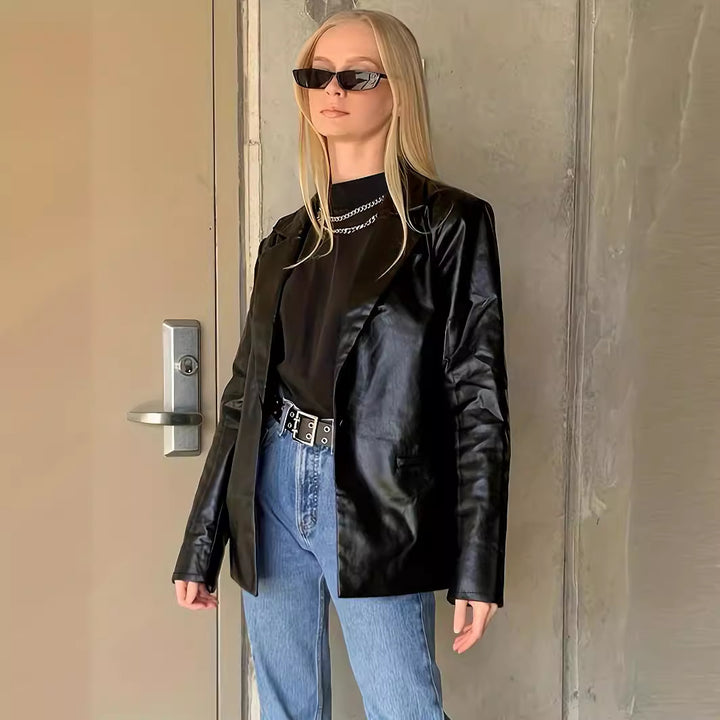 Women's Oversized Leather Look Blazer with Emphasized Shoulder Section and Glossy Finish Amarae