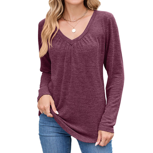 Casual long sleeve T-shirt for women with V-neck and pleated detail Amarae