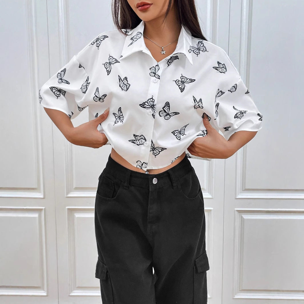 Short sleeve button-up shirt butterfly print Lune London