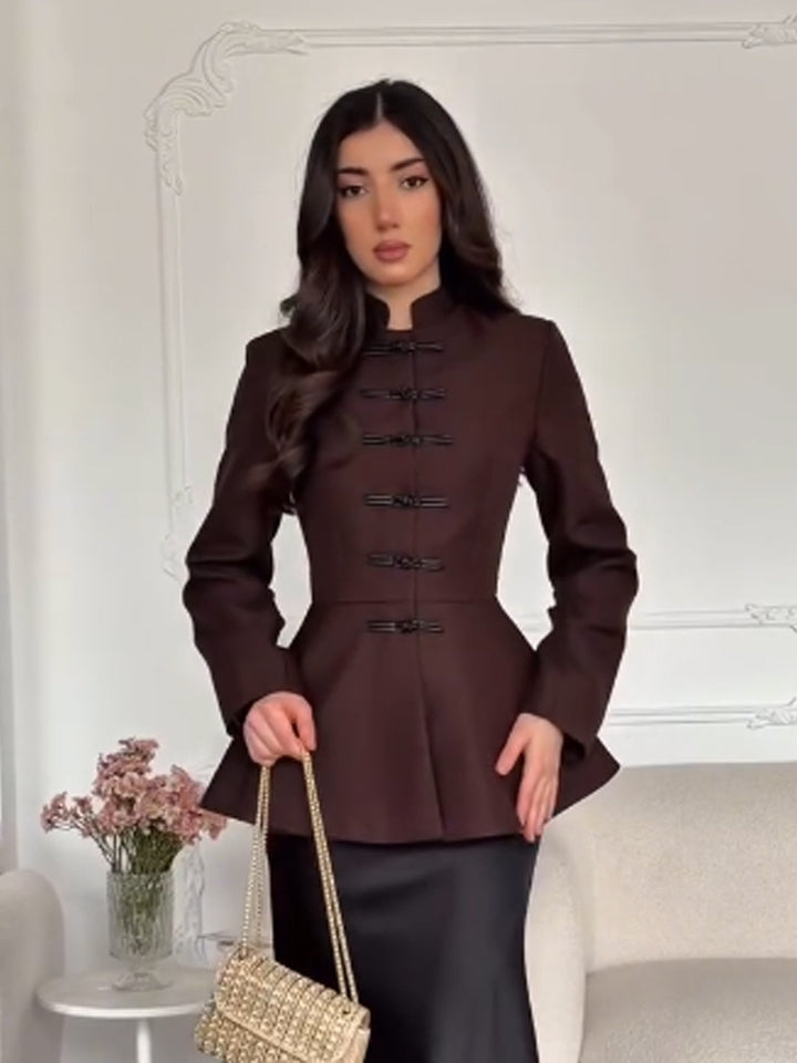 Women's Tailored Peplum Jacket with Stand Collar and Decorative Toggle Fasteners Amarae