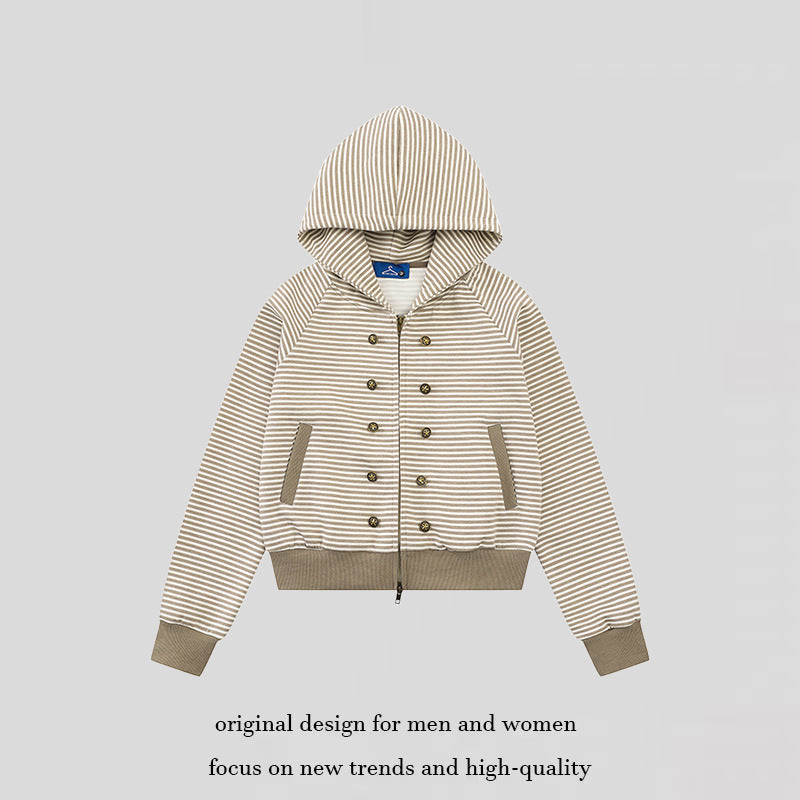 Women's striped hoodie sweatshirt jacket in navy look with double-breasted optics and front zipper Amarae