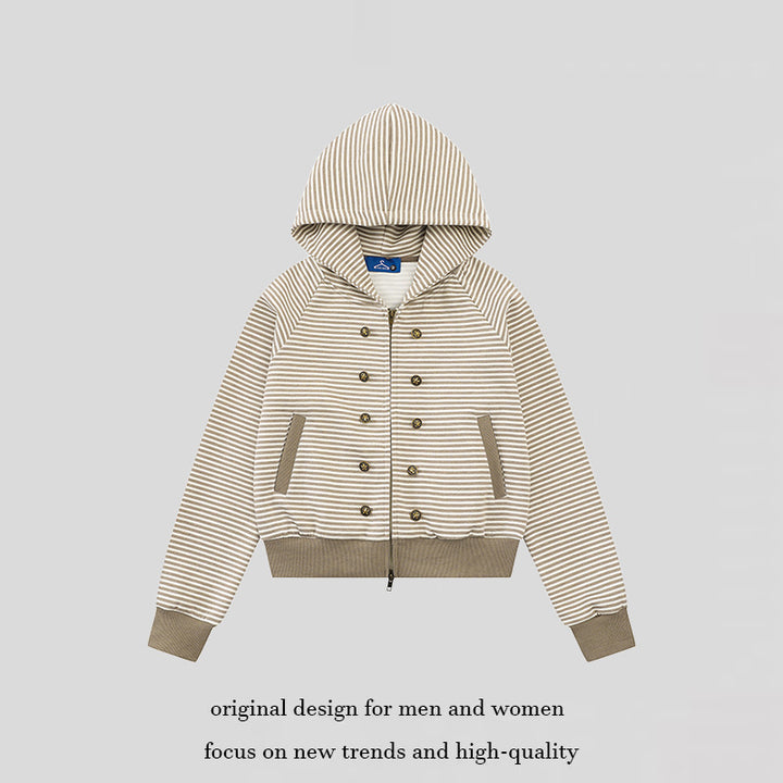 Women's striped hoodie sweatshirt jacket in navy look with double-breasted optics and front zipper Amarae