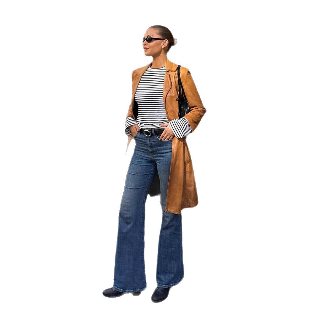 Women's Longer Tailored Leather Trench Coat with Double-Breasted Button Placket and Notched Collar Amarae